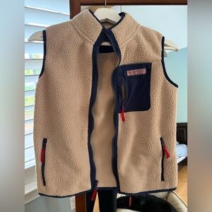 Vineyard Vines Cream and Blue Fleece Vest with Stand-Up Collar